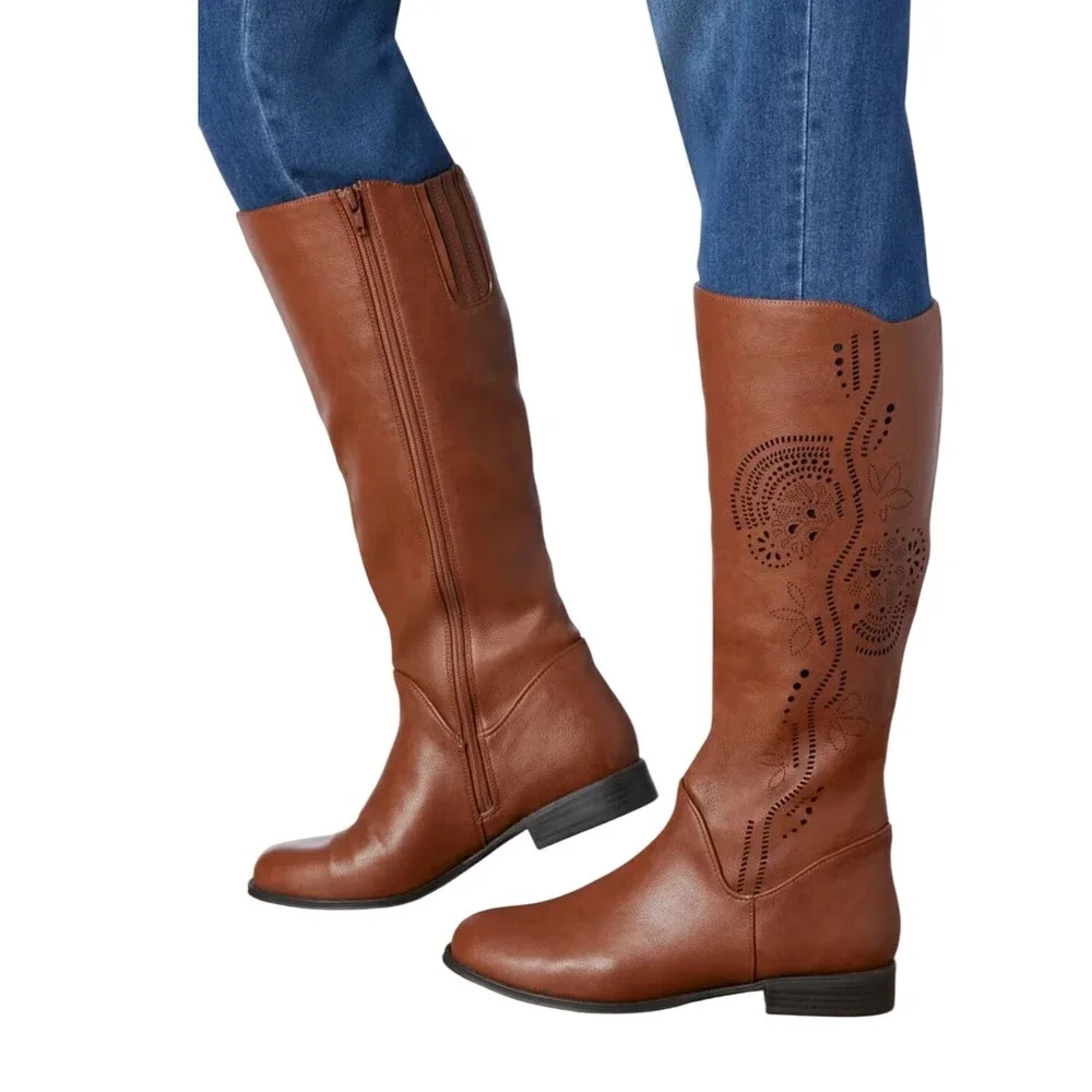 Comfortview The Lili Tall Wide Calf Boot Cognac Brown Cutout Design Womens Sz 8W